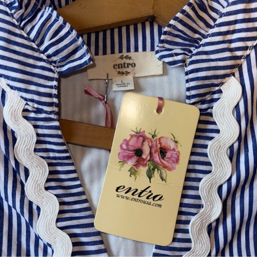 NEW Entro Womens Dress Large Navy Tiered Striped Dress Rick Rack Trim Lined - Picture 5 of 9